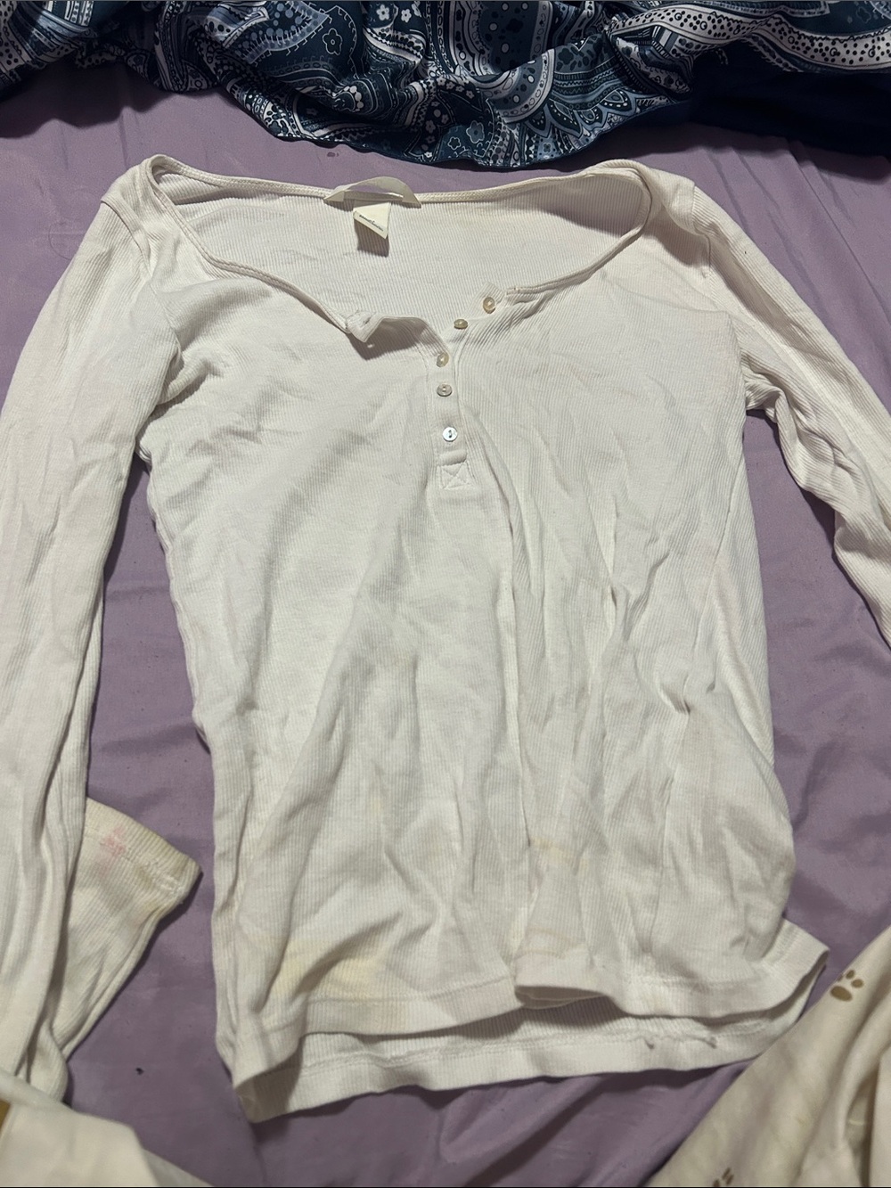 H&M Cream Long-Sleeve Ribbed Henley Top